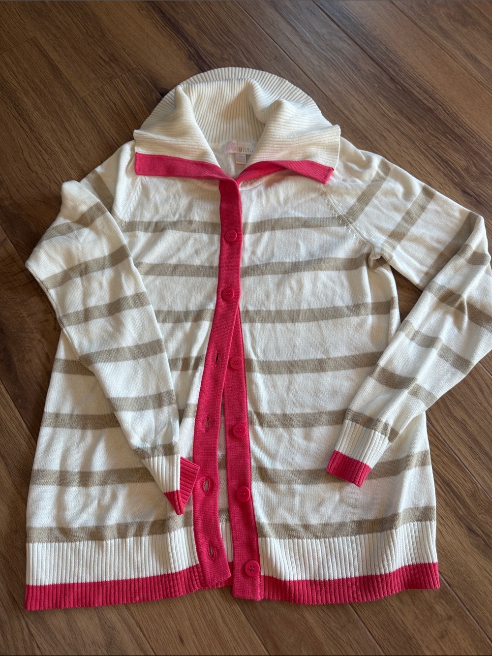 Belle by Kim Gravel Cream & Beige Striped Cardigan with Pink Trim